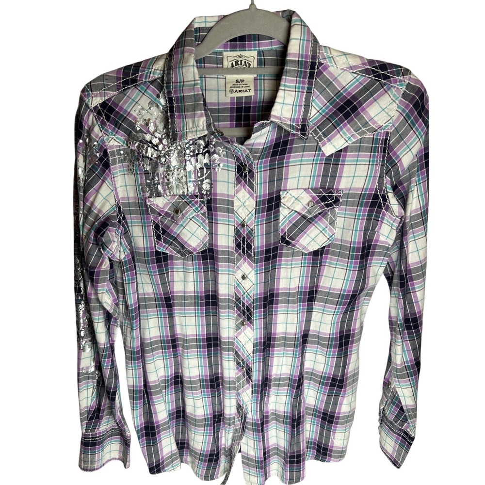 Ariat Womens Western Rodeo Pink Multicolor Plaid Bling Shirt Blouse S Rhinestone